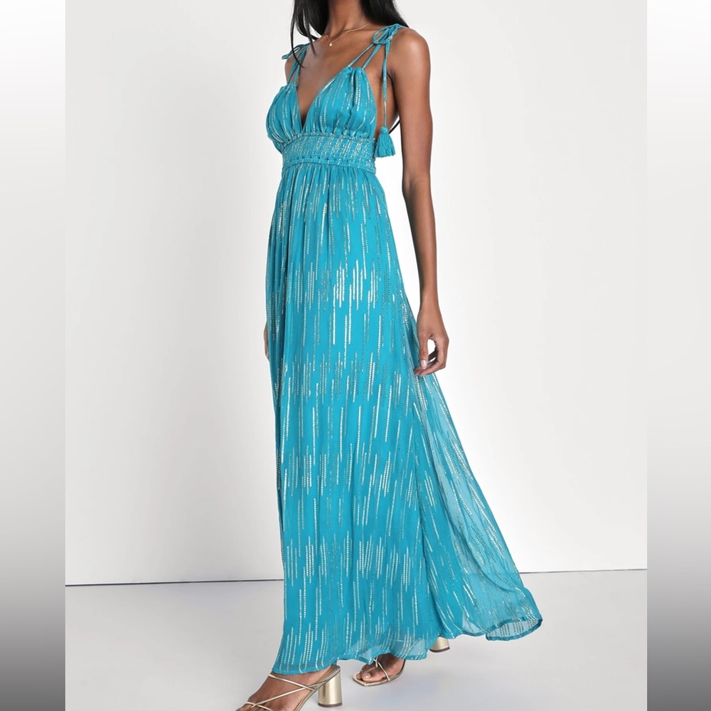Lulus Sunshine Dreaming Teal Lurex Striped Tie-strap Maxi Dress